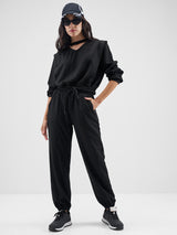 Women's Black Casual V-Neck Top & Jogger Co-Ords Set