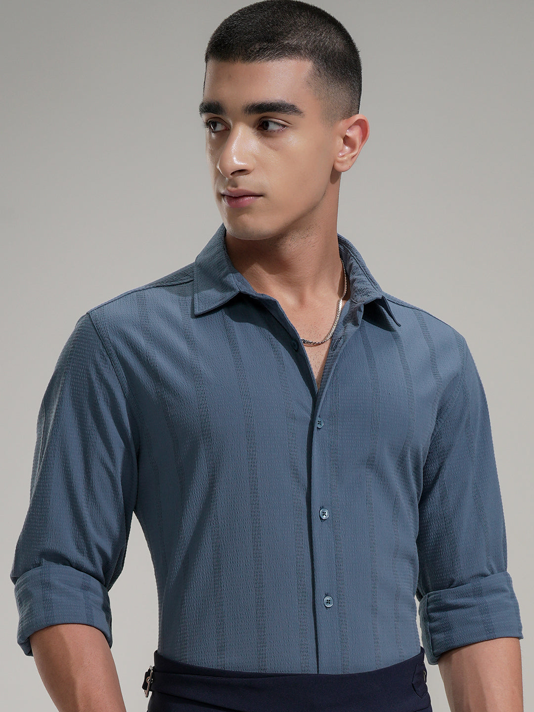 Men's Blue Casual Textured Full Sleeves Shirt