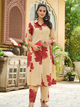 Women's Beige and Rust Floral Shirt-Style Kurta Set