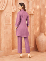 Women's Lavender and Cream Embroidered Chinon Co-Ord Set with Bold Floral Patchwork
