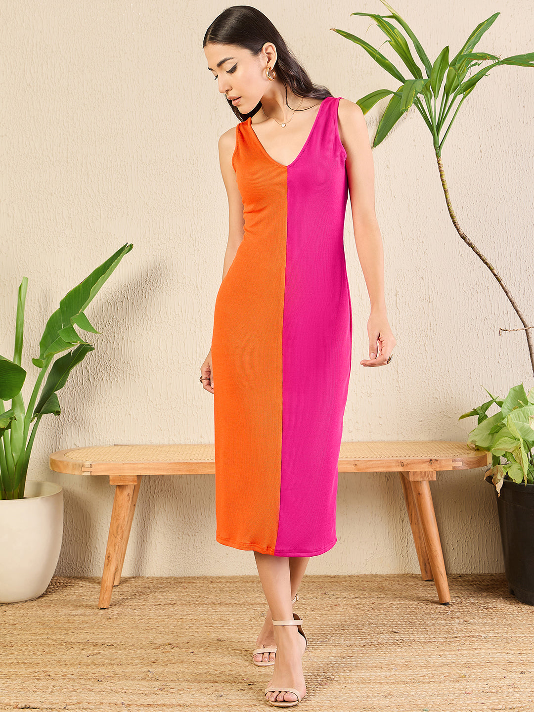 Women's Orange Stretchable Ribbed Dual Tone Bodycon Dress