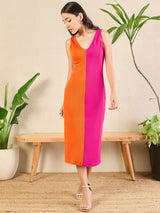 Women's Orange Stretchable Ribbed Dual Tone Bodycon Dress
