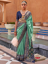 Women's Silk Blend Green Woven Design Designer Saree with Blouse Piece
