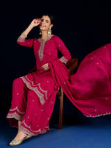 Women's Fuchsia Straight Fit Kurta With Zari Embroidery With Sharara And Dupatta