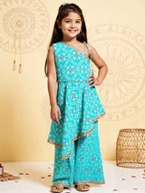 Girls Blue Cotton Ethnic Festive Kurta Set