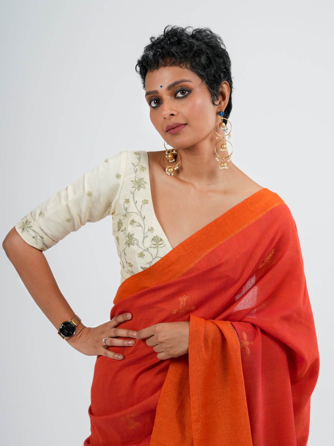 Women's Orange Casual Cotton Saree