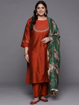 Women's Maroon Yoke Design Kurta With Trousers & With Dupatta