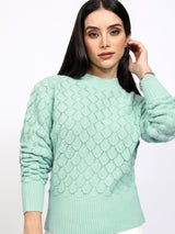 Women's Blue Casual Self-Design Full Sleeves Sweater