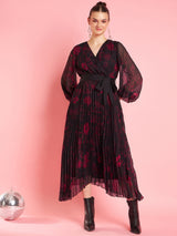 Women's Black V-Neck Bishop Sleeves Floral Printed Midi Opaque Party Dress