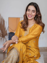 Women's Yellow Silk Blend Zari Dori Embroidered Yoke with Highlighted Sequins Work Straight Kurta