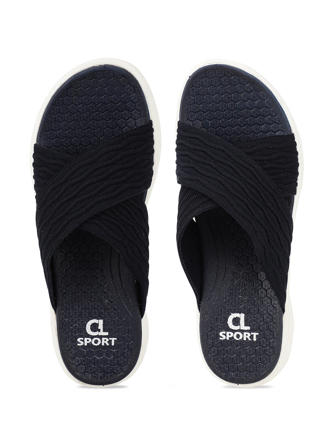 Women's Navy Criss-Cross Fly Knit Comfort Slides