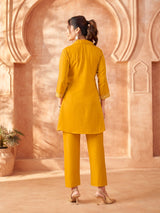 Women's Mustard and Cream Embroidered Chinon Co-Ord Set with Bold Flower Patchwork