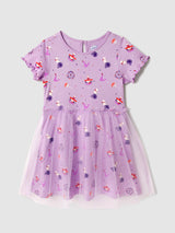 Girls Purple Placement Print Tulle Dress