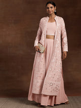 Women's Pink Solid Crop Top with Solid Wide Leg Palazzos and Floral Embroidered Long Shrug