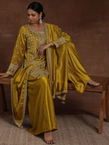 Women's Mustard Ethnic Motif Zari Embellished Short Kurta With Palazzos and Dupatta