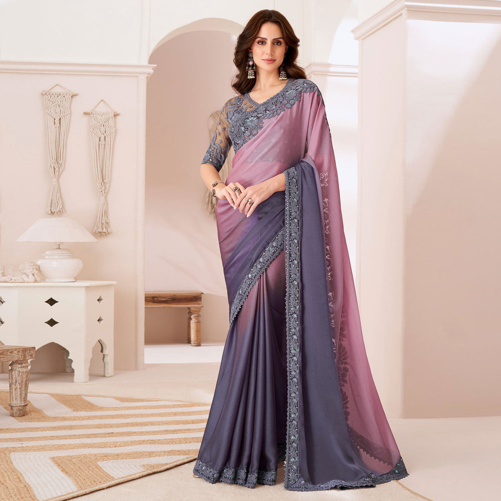 Women's Pure Chiffon Purple Embellished Designer Saree with Blouse Piece