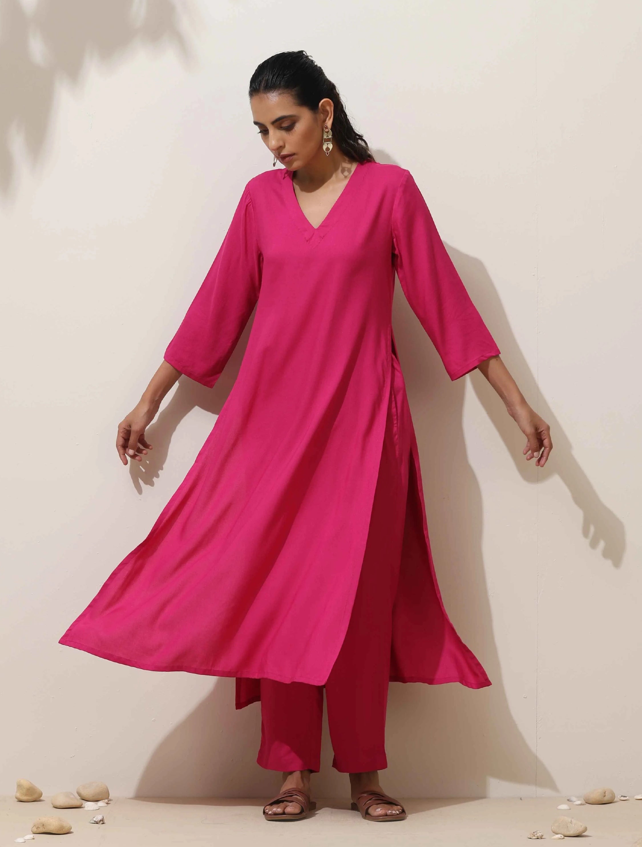 Women's Pink Casual Solid Kurta Set