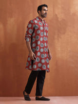Men's Red Festive Printed Regular Fit Full Sleeves Kurta