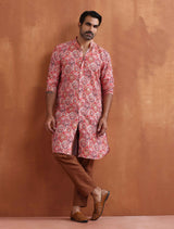 Men's Red Festive Printed Regular Fit Full Sleeves Kurta
