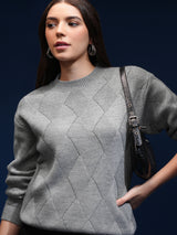 Women's Grey Casual Self-Design Full Sleeves Sweater