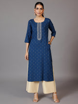 Women's Women Blue Floral Yoke Embroidered Cotton Blend Kurta with a Pocket