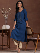 Women's Blue Woven Design Viscose Rayon Kurta with Pocket
