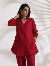 Women's Red Slub Co-ord Set