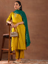 Women's Yellow Floral Embroidered Straight Kurta with Solid Trouser and Embellished Dupatta