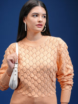 Women's Orange Casual Self-Design Full Sleeves Sweater