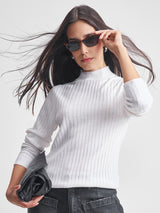 Women's White Casual Self-Design Full Sleeves Sweater