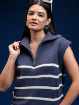 Women's Blue Casual Striped Sleeveless Sweater