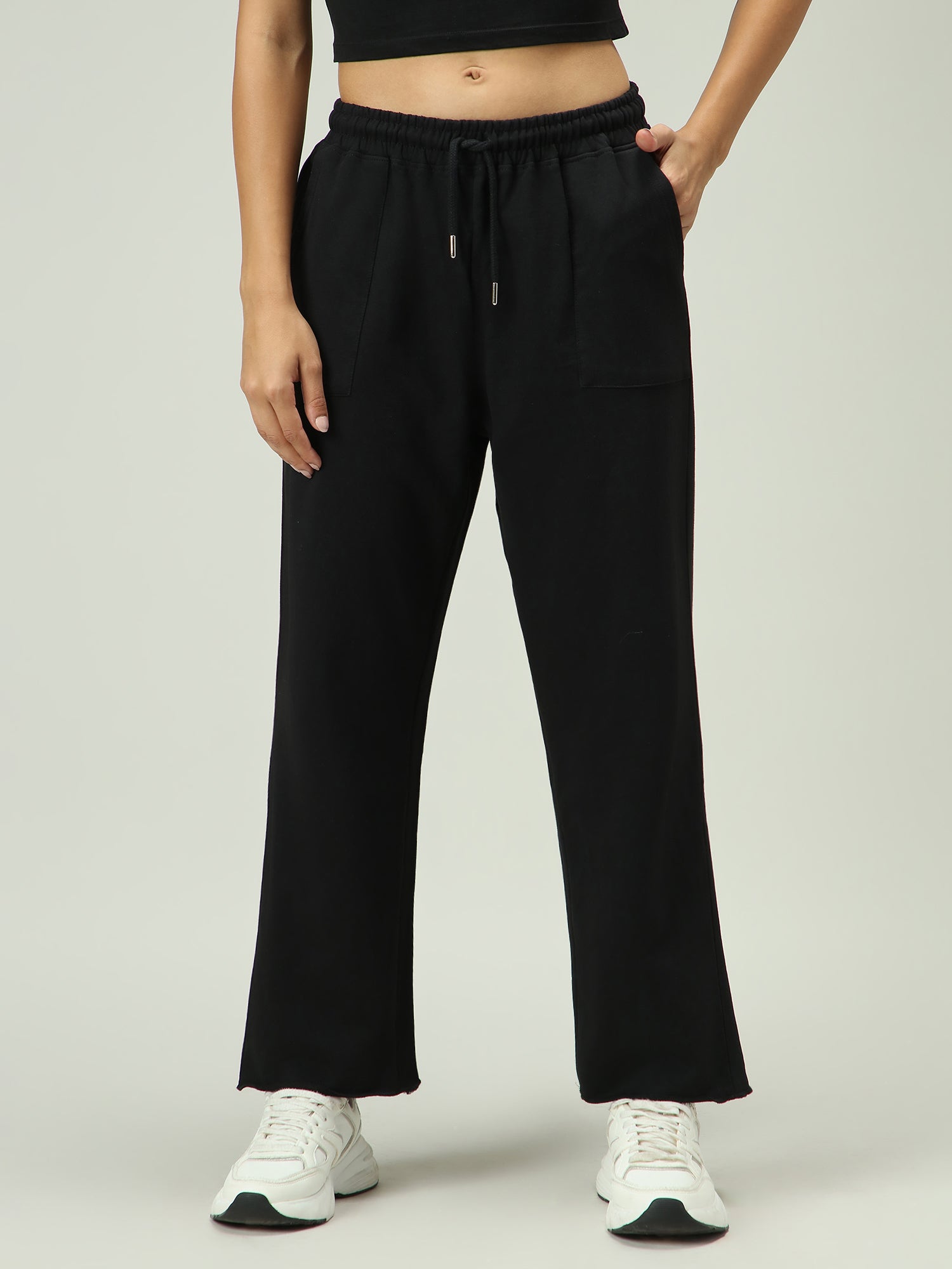Women's Black Casual Wide Leg Solid Trackpant