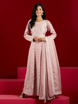 Women's Dusty Pink Pure Silk Embroidered a-line Kurta & Dusty Pink Trousers & Dupatta