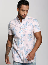Men's Peach Casual Printed Slim Fit Half Sleeves Shirt
