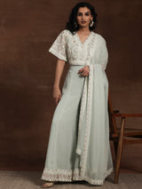 Women's Green Floral Embroidered Georgette Crop Top with Embroidered Hem Palazzo and Solid Dupatta