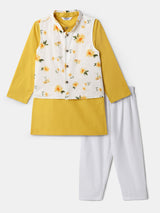 Boys Multicolor Cotton Festive Kurta Pyjama With Block Print Jacket Set