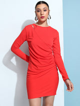 Women's Red Party Solid Ruched Long Sleeve Mini Dress