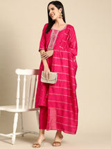 Women's Pink Silk Blend Yoke Design Straight Kurta With Trouser and Dupatta