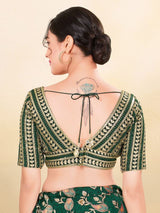 Women's Green Jain Silk Padded Back Open Elbow Sleeves Saree Blouse