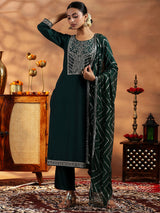 Women's Green Zari Embroidered Paisley Kurta with Solid Trouser and Poly Chiffon Self Design Dupatta