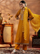 Women's Yellow Zari Embroidered Paisley Kurta with Solid Trouser and Poly Chiffon Self Design Dupatta