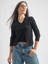 Women's Black Casual Self-Design Full Sleeves Sweater