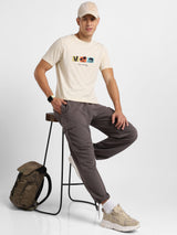 Men's Beige Half Sleeves Graphic Printed Cotton Tshirt