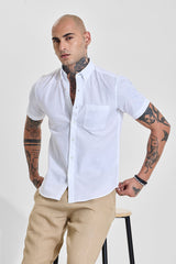 Men's White Casual Slim Fit Solid Half Sleeves Shirt