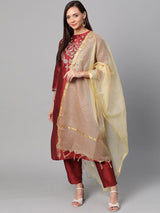 Women's Red Ethnic Three Quarter Sleeves Kurta and Trouser with Dupatta