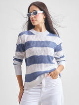 Women's Blue Casual Striped Full Sleeves Sweater