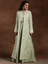 Women's Green Solid Crop Top with Solid Wide Leg Palazzos and Floral Embroidered Long Shrug