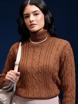 Women's Brown Casual Self-Design Full Sleeves Sweater