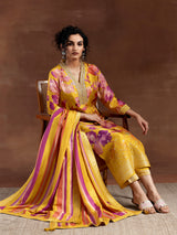 Women's Yellow Floral Printed Kurta with Solid Brocade Trouser and Printed Dupatta