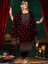 Women's Wine Ethnic Motif Embellished Velvet Kurta With Salwar and Dupatta